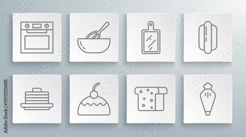 Set line Stack of pancakes, Kitchen whisk and bowl, Cake, Bread toast, Pastry bag, Cutting board, Hotdog sandwich and Oven icon. Vector