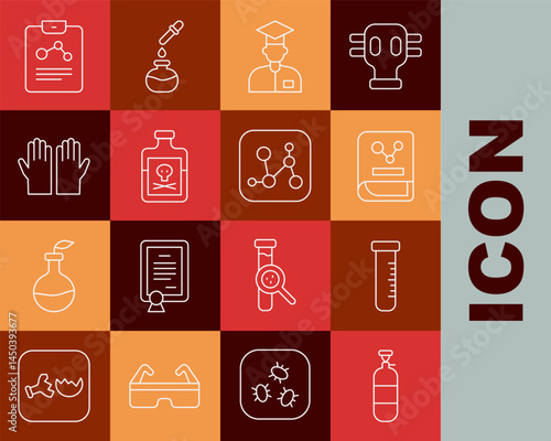 Set line Propane gas tank, Test tube and flask, Chemistry book, Laboratory assistant, Poison in bottle, Medical rubber gloves, report and Chemical formula icon. Vector