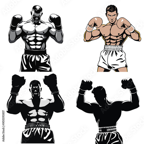 Vector Silhouette Illustration of Boxing Champion in Victory Pose – Dynamic Fighter Artwork