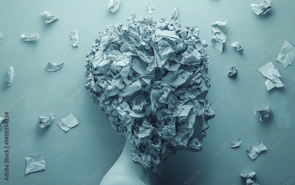 Overwhelmed mind, chaotic thoughts, mental stress concept.