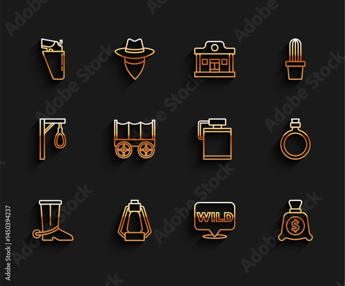 Set line Cowboy boot, Camping lantern, Revolver gun holster, Pointer to wild west, Money bag, Wild covered wagon, Canteen water bottle and icon. Vector