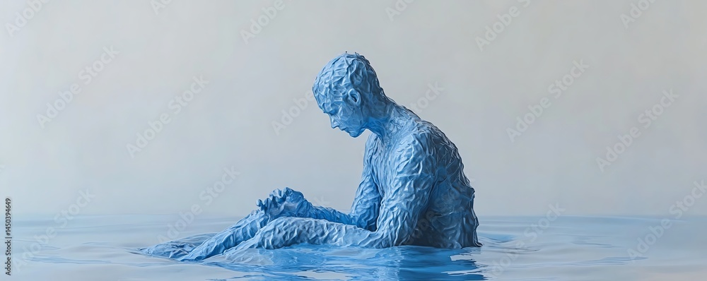 Blue figure submerged in water, serene pose.