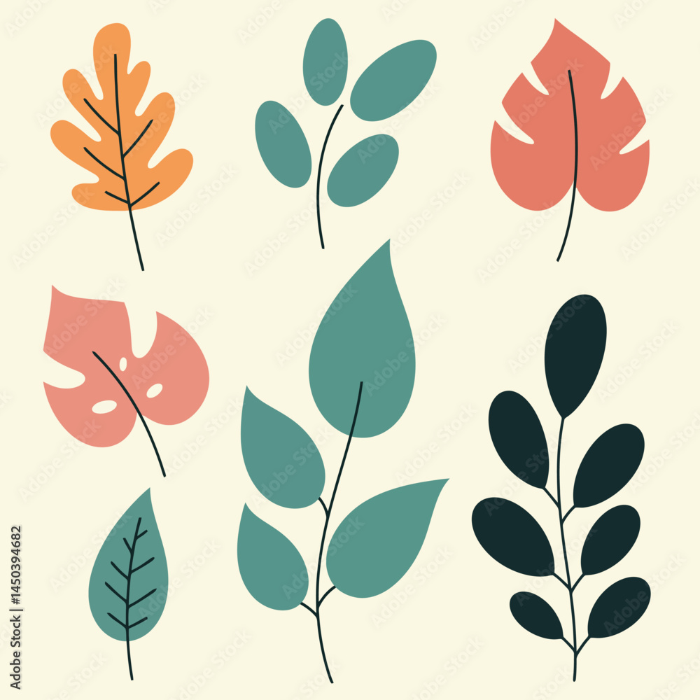 Vibrant and minimal illustration of colorful abstract leaves. A contemporary design emphasizing nature, perfect for decorative, artistic, and seasonal themes like autumn, spring, or ecological concept Vibrant and minimal illustration of colorful abstract leaves. A contemporary design emphasizing nature, perfect for decorative, artistic, and seasonal themes like autumn, spring, or ecological concept