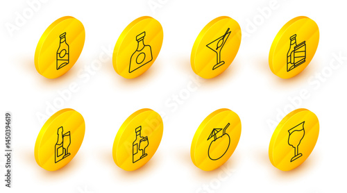 Set line Wine glass, Coconut cocktail, bottle with, Champagne and, Beer beer can, Martini, Tequila and icon. Vector