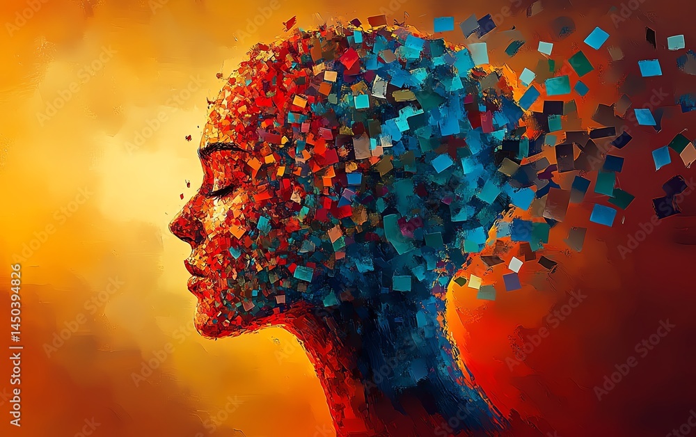 Abstract art, woman's profile, colorful, fragmented, digital painting.