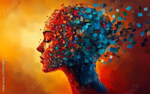 Obraz na płótnie Abstract art, woman's profile, colorful, fragmented, digital painting. w salonie