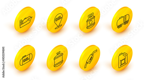 Set line Canister for motor oil, Gasoline pump nozzle, Propane gas tank, Oil storage, railway cistern, Refill petrol fuel location and tanker ship icon. Vector