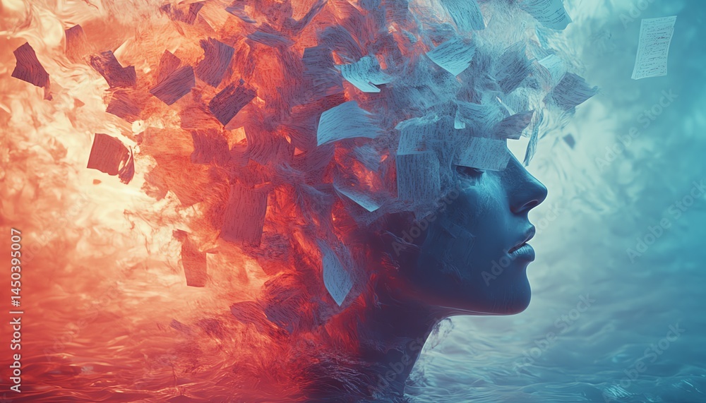 Abstract art: Woman's face shattering into ice crystals.