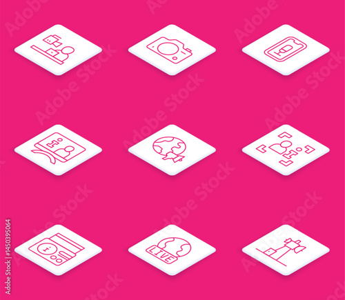 Set line Breaking news, Photo camera, Mobile recording, Television report, World, News radio channel and Live icon. Vector