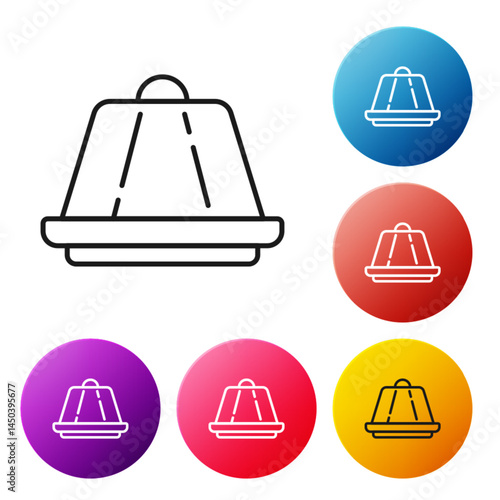 Black line Pudding custard with caramel glaze icon isolated on white background. Set icons colorful circle buttons. Vector