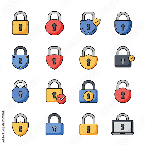 A diverse set of colorful padlock illustrations showing various forms and styles, representing security and privacy.

