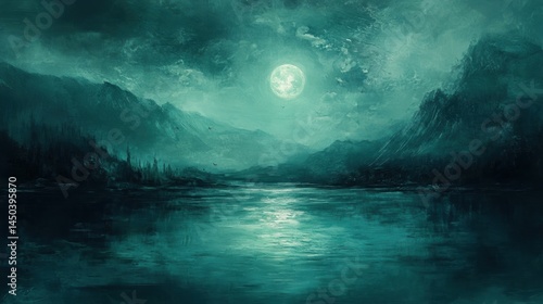 Misty, moonlit landscape of mountains and water.