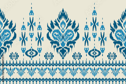Seamless traditional blue Ikat pattern with ethnic tribal textile design, ornamental fabric background, geometric motif vector print, vintage boho chic wallpaper textile illustration.