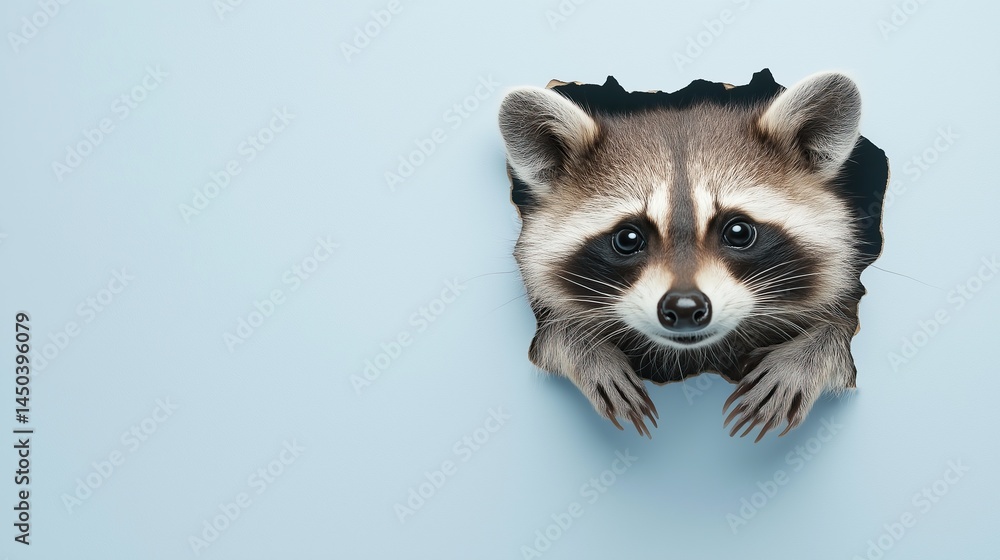 Obraz premium A curious raccoon pokes its head through a hole in a soft blue background, staring directly ahead with a playful expression