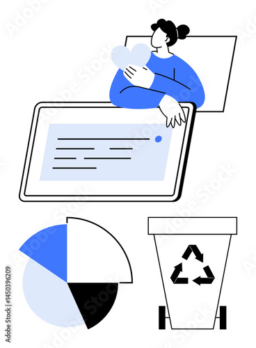 Recycling bin, pie chart, and person holding heart shape while interacting with a tablet. Ideal for eco-conscious technology, sustainable practices, data management, eco-efficiency, digital