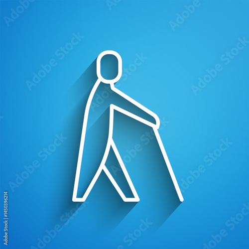 White line Blind human holding stick icon isolated on blue background. Disabled human with blindness. Long shadow. Vector