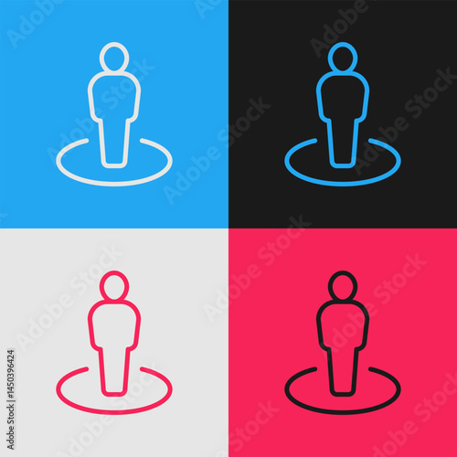 Pop art line Map marker with a silhouette of a person icon isolated on color background. GPS location symbol. Vector