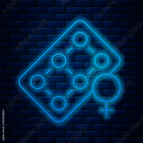 Glowing neon line Packaging of birth control pills icon isolated on brick wall background. Contraceptive pill. Vector