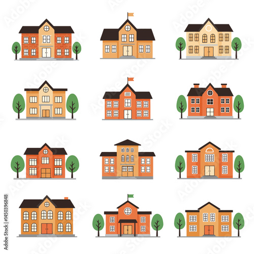 Illustrated collection featuring brightly colored school building icons with differing designs, roof colors, and styles, conveying educational concepts. Ideal for educational projects, school websites