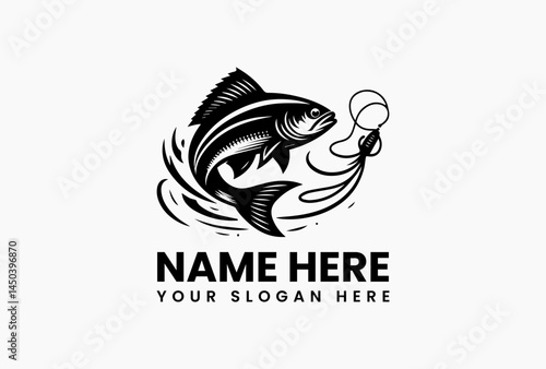 Minimal fishing logo with rod and jumping fish in vector format, clean and modern illustration on white background for hobby, adventure, and nature branding  
