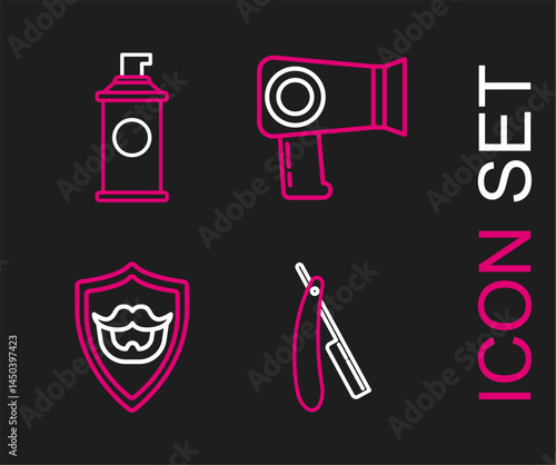 Set line Straight razor, Mustache and beard on shield, Hair dryer and Shaving gel foam icon. Vector