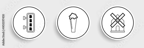 Set line Windmill, Street signboard with inscription Beer and Glass of beer icon. Vector