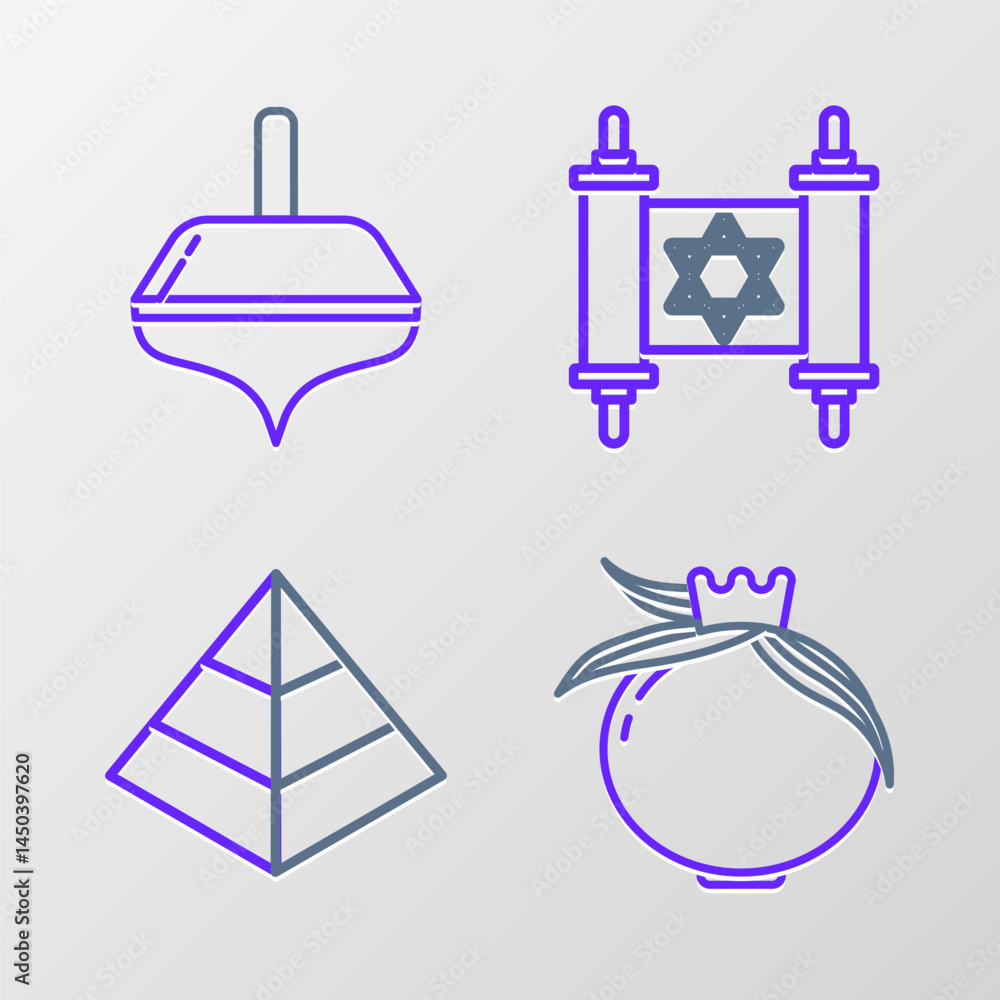 Set line Pomegranate, Egypt pyramids, Torah scroll and Hanukkah dreidel icon. Vector Set line Pomegranate, Egypt pyramids, Torah scroll and Hanukkah dreidel icon. Vector