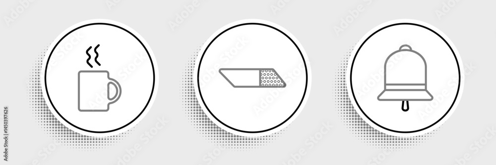 Set line Ringing bell, Coffee cup and Eraser or rubber icon. Vector Set line Ringing bell, Coffee cup and Eraser or rubber icon. Vector
