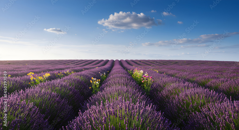 Fototapeta premium Scenic Lavender Field Under Cloudy Sky On Summer Season Landscape