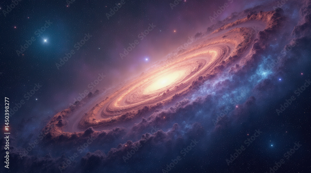 Astronomers observe a stunning spiral galaxy surrounded by colorful clouds of gas and dust in the vastness of deep space. The galaxy showcases its swirling arms and bright core Astronomers observe a stunning spiral galaxy surrounded by colorful clouds of gas and dust in the vastness of deep space. The galaxy showcases its swirling arms and bright core