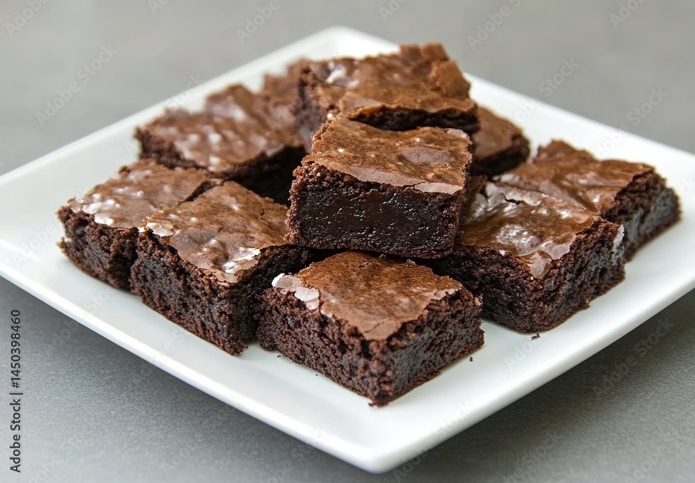Square chocolate brownies with cracked surfaces on a gray background. Square chocolate brownies with cracked surfaces on a gray background.