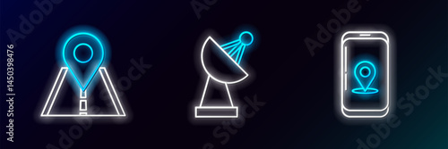 Set line Infographic of city map navigation, Road traffic sign and Radar icon. Glowing neon. Vector
