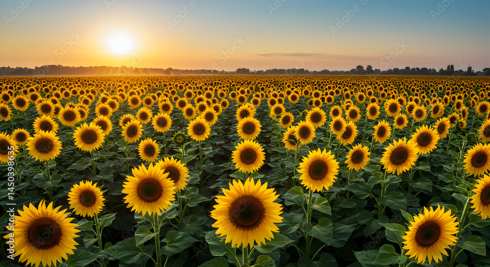 Fototapeta premium Vast Sunflower Field Under Golden Sunrise Promises Hope And Abundance