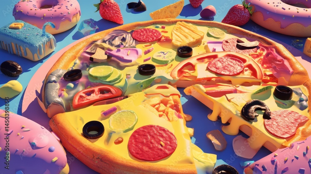 Fototapeta premium Delicious Pizza Slice with Sweet Treats Colorful Doughnuts and Strawberries