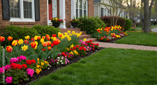 Wallpaper Mural Residential Landscaping Showcasing Vibrant Spring Flowers and Lush Green Lawn Torontodigital.ca
