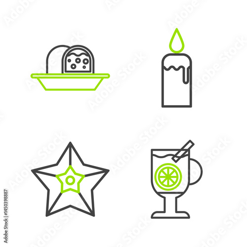 Set line Mulled wine with glass of drink, Christmas star, Burning candle candlestick and Marzipan sponge cake icon. Vector