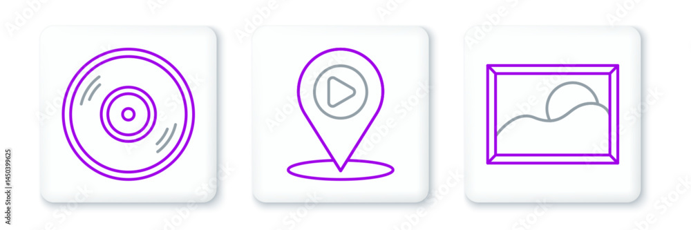 Set line Picture landscape, Vinyl disk and Digital media play with location icon. Vector Set line Picture landscape, Vinyl disk and Digital media play with location icon. Vector