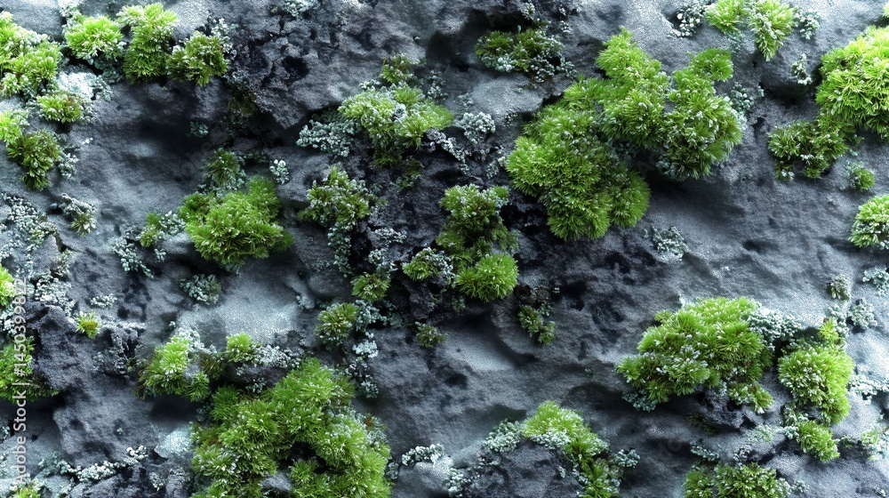 Vibrant green moss texture on a rocky surface creating a natural backdrop for various applications Vibrant green moss texture on a rocky surface creating a natural backdrop for various applications