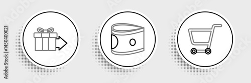 Set line Shopping cart, Gift box and Stacks paper money cash icon. Vector
