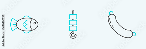 Set line Sausage, Fish and Grilled shish kebab on skewer stick icon. Vector