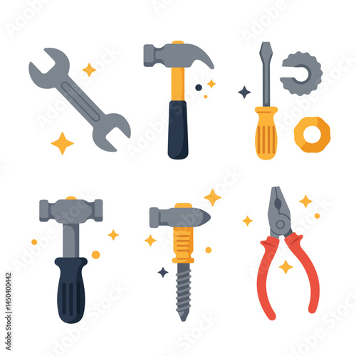 Colorful vector illustration of a collection of various hand tools, including a hammer, wrench, and screwdriver, emphasizing utility and construction themes.

