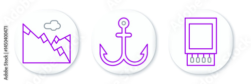 Set line Open matchbox and matches, Mountains and Anchor icon. Vector