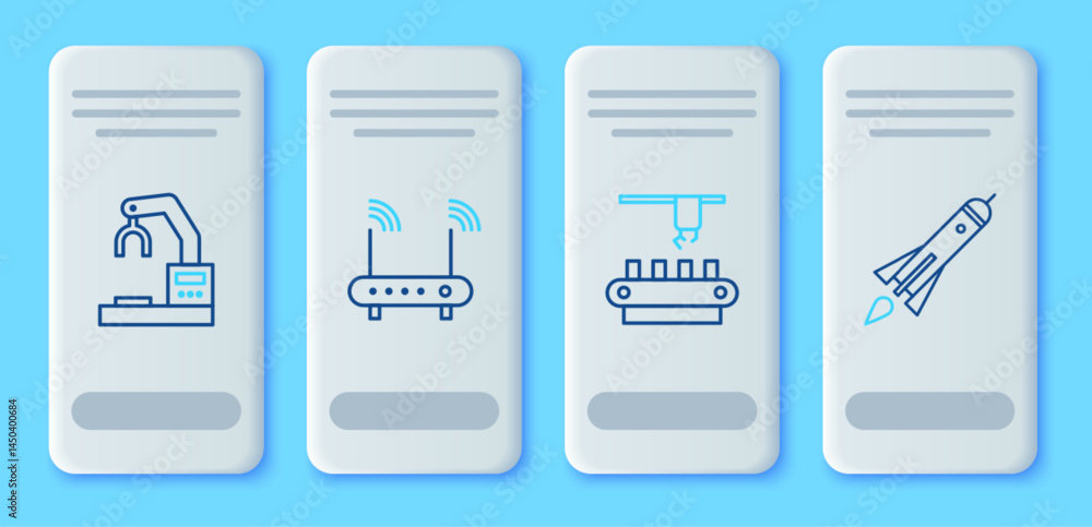 Set line Router and wi-fi signal, Factory conveyor system belt, Robotic robot arm hand factory and Rocket ship with fire icon. Vector Set line Router and wi-fi signal, Factory conveyor system belt, Robotic robot arm hand factory and Rocket ship with fire icon. Vector