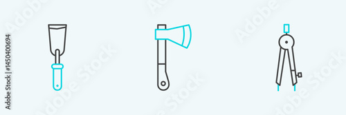 Set line Drawing compass, Putty knife and Wooden axe icon. Vector