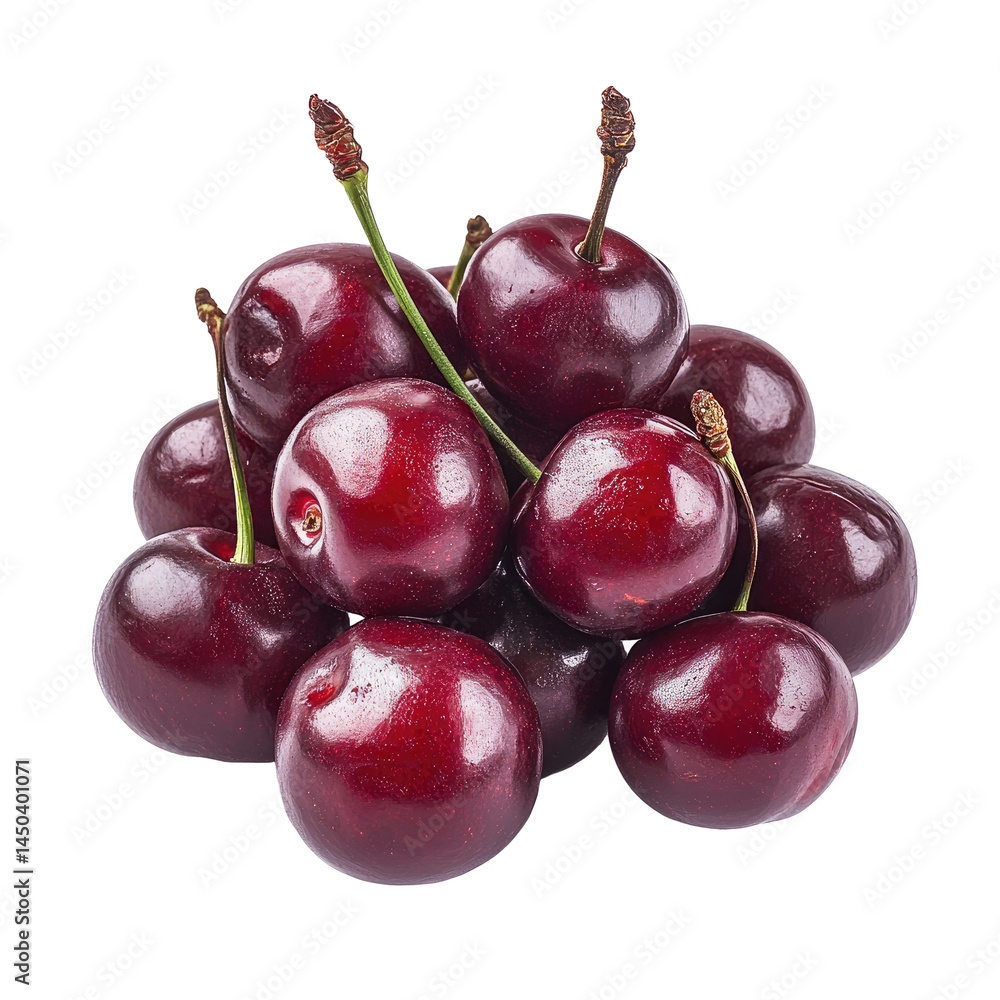 Cluster of ripe, dark red cherries. Close-up view of many plump, glossy cherries, showing stems and details Cluster of ripe, dark red cherries. Close-up view of many plump, glossy cherries, showing stems and details