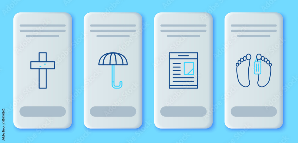 Set line Umbrella, Obituaries, Christian cross and Dead body icon. Vector Set line Umbrella, Obituaries, Christian cross and Dead body icon. Vector