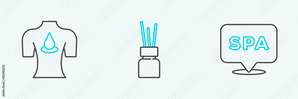 Set line Spa salon, Massage with aroma oils and Aroma diffuser icon. Vector Set line Spa salon, Massage with aroma oils and Aroma diffuser icon. Vector