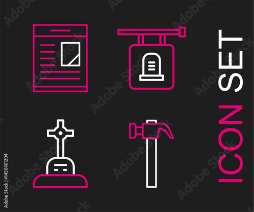 Set line Hammer, Grave with cross, Signboard tombstone and Obituaries icon. Vector