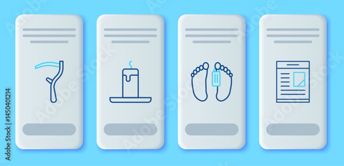 Set line Burning candle, Dead body, Scythe and Obituaries icon. Vector