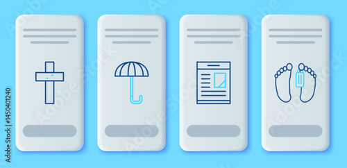 Set line Umbrella, Obituaries, Christian cross and Dead body icon. Vector